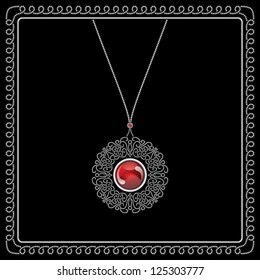 Vector jewelry isolated on black, filigree pendant with red gem in swirl square frame