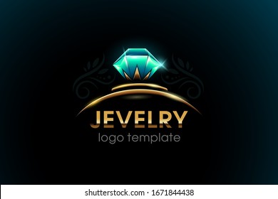 Vector Jewelry Logo Design Template. Circle Ring With Green Stone, Crystal. Wedding Ring.