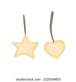 Vector jewelry set: gold star on a string and a golden heart. The collection of decorative figures on a white background is isolated