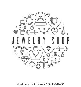 Vector Jewelry shop banner with different jewels, in trendy linear style