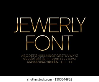 Vector jewerly Golden Alphabet. Elegant Slim Font. Chic Letters, Numbers and Symbols.