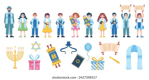 Vector Jewish Bar Mitzvah Cartoon Elements Set Illustration Isolated