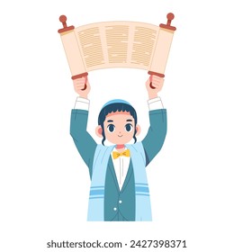Vector Jewish Boy Holding Torah Scorll Cartoon Illustration Isolated