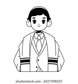 Vector Jewish Boy Traditional Bat Mitzvah Cartoon Illustration Isolated