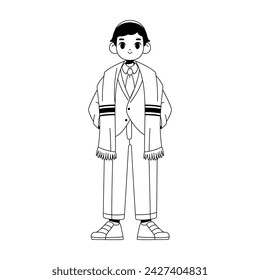 Vector Jewish Boy Traditional Bat Mitzvah Cartoon Illustration Isolated