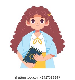 Vector Jewish Girl Holding Torah book Cartoon Illustration Isolated