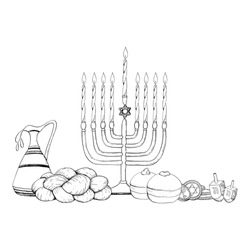 Vector Jewish Hanukkah Symbols Black And White Graphic Illustration With Menorah, Candles, Donuts, Jug Of Olive Oil, Coins, Dreidels And Challah