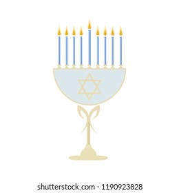 vector of the jewish holiday of hanukkah with the golden menorah and the traditional candelabra and burning candles on a white background with the star of david