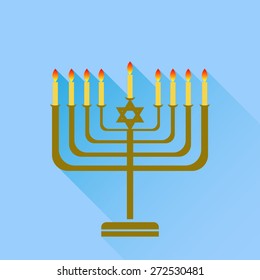 Vector Jewish Holiday Hanukkah. Menorah Burning Candles Isolated on Blue Background.