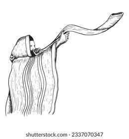 Vector Jewish man in tallit blowing shofar on Yom Kippur and Rosh Hashanah holidays black and white graphic illustration