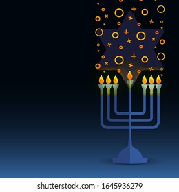 Vector Jewish religious sign menorah with David star and geometric sparkles.
Seven oil lams enchant Judaic symbol.
On dark blue background