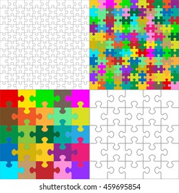 Vector JigSaw Puzzle Pieces Collection Arranged in a Square - Black and White and Colorful Set