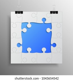 Vector jigsaw puzzle poster template hanging on clip binders. Puzzle grid simple background, banner, blank, backdrop. Jigsaw frame outline details abstract creativy illustration.