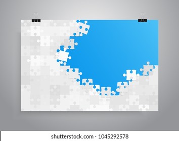 Vector jigsaw puzzle poster template hanging on clip binders. Puzzle grid simple background, banner, blank, backdrop. Jigsaw frame outline details abstract creativy illustration.