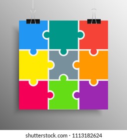 Vector jigsaw puzzle poster template hanging on clip binders. Puzzle grid simple background, banner, blank, backdrop. Jigsaw nine pieces infographic creativy business process.