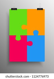Vector jigsaw puzzle poster template hanging on clip binders. Puzzle grid simple background, banner, blank, backdrop. Jigsaw four pieces infographic creativy business process.