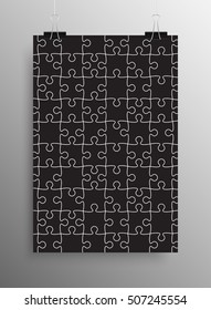 Vector jigsaw puzzle poster template hanging on clip binders. Puzzle grid simple background, banner, blank, backdrop. Jigsaw frame outline details abstract creativy illustration.