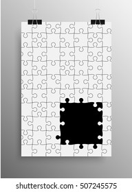 Vector jigsaw puzzle poster template hanging on clip binders. Puzzle grid simple background, banner, blank, backdrop. Jigsaw frame outline details abstract creativy illustration.