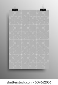 Vector jigsaw puzzle poster template hanging on clip binders. Puzzle grid simple background, banner, blank, backdrop. Jigsaw frame outline details abstract creativy illustration.