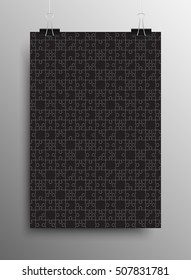 Vector jigsaw puzzle poster template hanging on clip binders. Puzzle grid simple background, banner, blank, backdrop. Jigsaw frame outline details abstract creativy illustration.