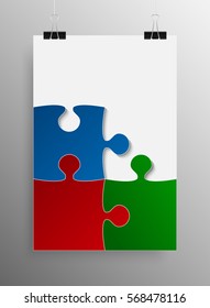 Vector jigsaw puzzle poster template hanging on clip binders. Puzzle grid simple background, banner, blank, backdrop. Jigsaw frame outline details abstract creativy illustration.