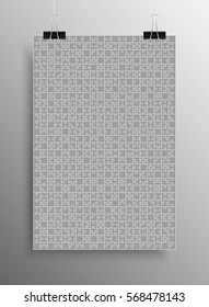 Vector jigsaw puzzle poster template hanging on clip binders. Puzzle grid simple background, banner, blank, backdrop. Jigsaw frame outline details abstract creativy illustration.