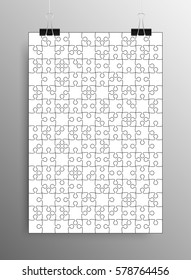 Vector jigsaw puzzle poster template hanging on clip binders. Puzzle grid simple background, banner, blank, backdrop. Jigsaw frame outline details abstract creativy illustration.