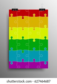 Vector jigsaw puzzle poster template hanging on clip binders. Puzzle grid simple background, banner, blank, backdrop. Jigsaw lgbt flag abstract creativy illustration.