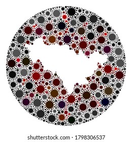 Collage de mapas del virus SARS en la provincia de Jilin Vector. La infección ataca el territorio aislado desde el espacio. Collage del mapa de la provincia de Jilin en torno al hoyo compuesto de elementos de infección.