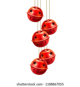 Vector jingle bells handing. Realistic traditional christmas tree toy, xmas and new year holiday decoration for greeting cards, posters banners design. Isolated illustration