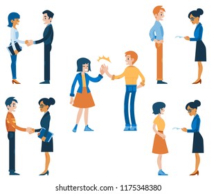Vector job interview and career offering concept characters set. Male, female characters - interviewers and applicants shaking hands, men and women in suits giving high five, communicating.