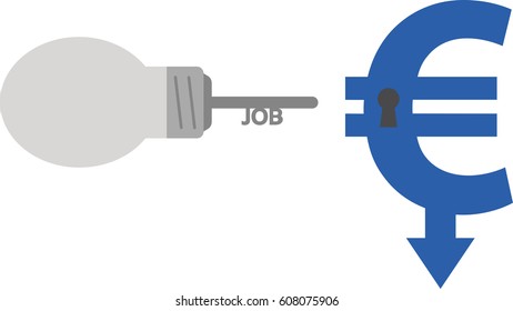 Vector job light bulb key with blue euro arrow down and keyhole.