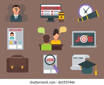 Vector job search icon set computer office concept human recruitment employment work meeting manager