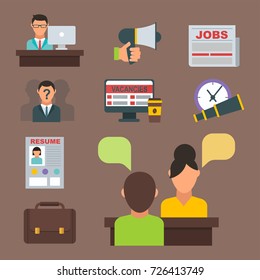 Vector job search icon set computer office concept human recruitment employment work meeting manager