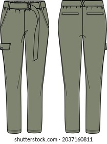 Vector jogger for woman technical drawing, woman pants with waistband, pockets and belt details fashion, template, sketch, flat. Woman trousers with front, back view