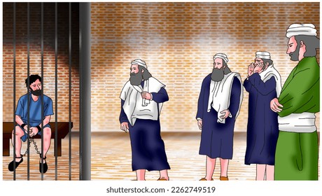 Vector of John in jail or prison and talking with people, Easter background.