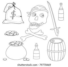 Vector, Jolly Roger and set of piracy objects, contours