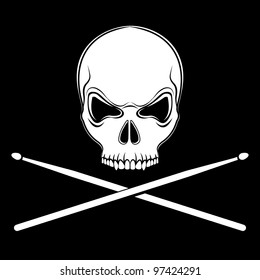 Vector jolly Roger skull with drumsticks on the black background