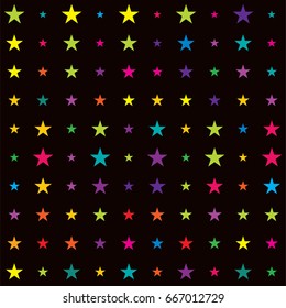 Vector jolly seamless starry pattern in rainbow colors on black. Shiny stars childrens fashion design. Festive holiday, birthday, new year or Christmas celebration background, creative T-shirt pattern