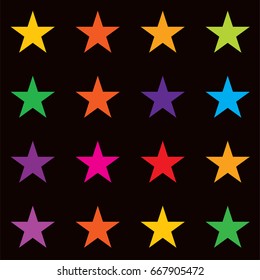 Vector jolly seamless starry pattern in rainbow colors on black. Shiny stars childrens fashion design. Festive holiday, birthday, new year or Christmas celebration background, creative T-shirt pattern