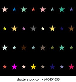 Vector jolly seamless starry pattern in rainbow colors on black. Shiny stars childrens fashion design. Festive holiday, birthday, new year or Christmas celebration background, creative T-shirt pattern