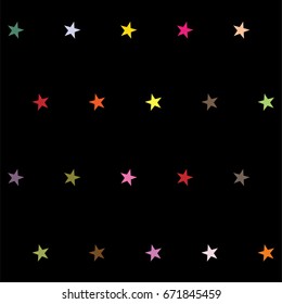 Vector jolly seamless starry pattern in rainbow colors on black. Shiny stars childrens fashion design. Festive holiday, birthday, new year or Christmas celebration background, creative T-shirt pattern