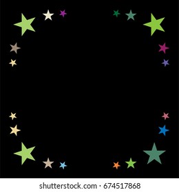 Vector jolly starrs border in green colors on black. Shiny stars childrens design. Festive holiday, birthday, new year, Christmas celebration background, creative frame decoration. Text frame banner