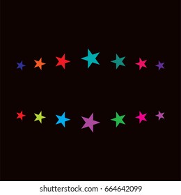 Vector jolly starry border in rainbow colors on black. Shiny stars childrens design. Festive holiday, birthday, new year, Christmas celebration background, creative frame decoration. Text frame banner