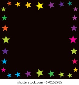 Vector jolly starry border in rainbow colors on black. Shiny stars childrens design. Festive holiday, birthday, new year, Christmas celebration background, creative frame decoration. Text frame banner