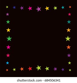 Vector jolly starry border in rainbow colors on black. Shiny stars childrens design. Festive holiday, birthday, new year, Christmas celebration background, creative frame decoration. Text frame banner