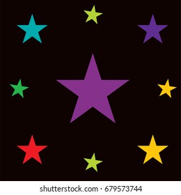 Vector jolly starry frame pattern in rainbow colors on black. Shiny stars childrens fashion design. Festive holiday, birthday, new year or Christmas celebration background, creative modern border.