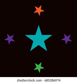 Vector jolly starry pattern in rainbow colors on black. Shiny stars childrens fashion design. Festive holiday, birthday, new year or Christmas celebration background, creative T-shirt pattern