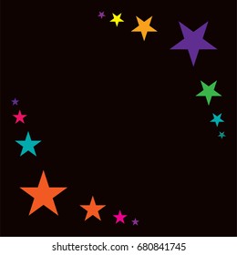 Vector jolly stars border in rainbow colors on black. Shiny stars childrens design. Festive holiday, birthday, new year, Christmas celebration background, creative frame decoration. Text frame banner.