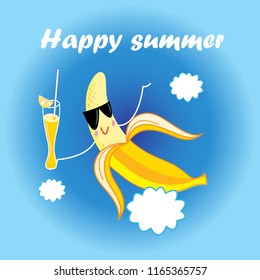 Vector jolly yellow banana cartoon with a cocktail on a blue background